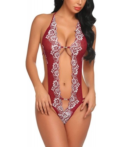 Women Lace Teddy Bodysuit One Piece Lingerie V-Neck Nightwear Mini Babydoll S-XXL - Dark/Wine Red - C118WK42LSK $17.58 Baby D...