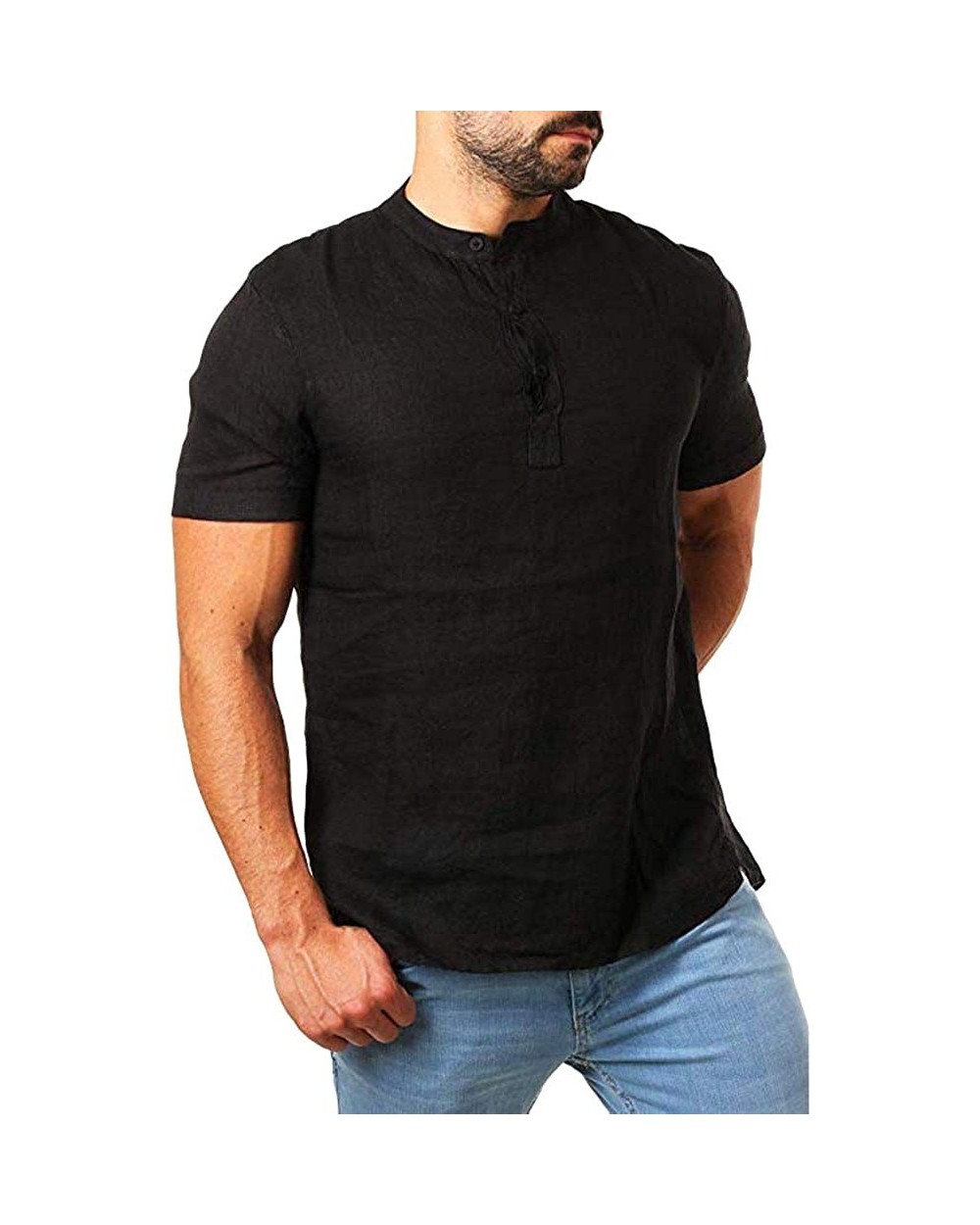 Men Tops Short Sleeve Slim Solid Linen Shirts Casual Button Business Regular Fit Blouse Tee - Black - C01942IDS89 $24.81 Slee...