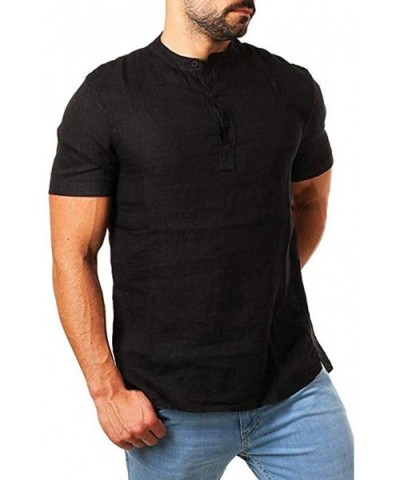 Men Tops Short Sleeve Slim Solid Linen Shirts Casual Button Business Regular Fit Blouse Tee - Black - C01942IDS89 $24.81 Slee...