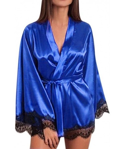 Womens Sexy Robe Satin Kimono Robes Lace Lingerie Nightgown Babydoll Nightshirt Long Sleeve Cardigans Nightwear Blue - C0194X...