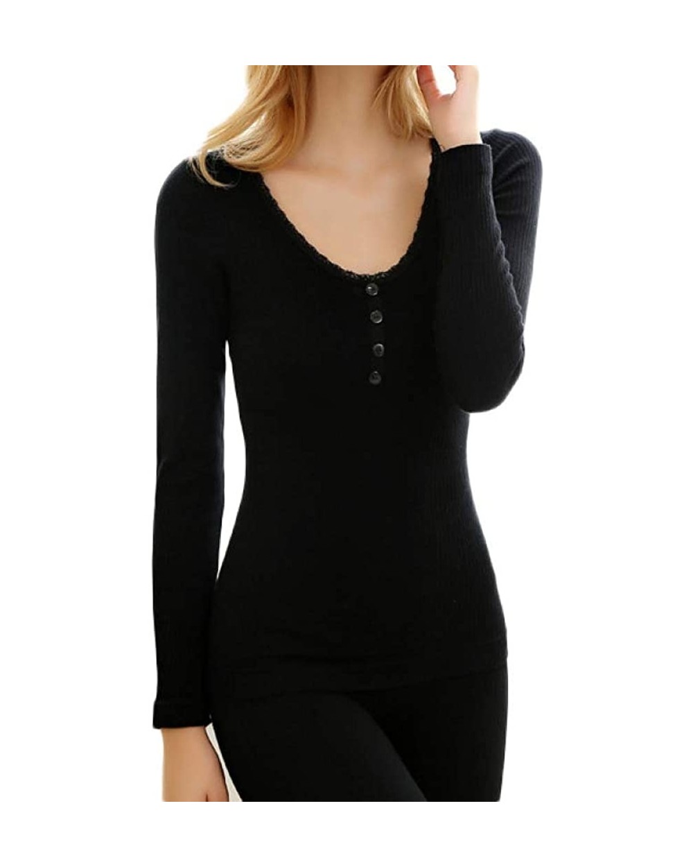 Lace Collar Thermal Underwear for Women Winter Warm Slimming Underwear Thermal Women's Pajamas - Black - CX192Y56QK4 $61.06 T...