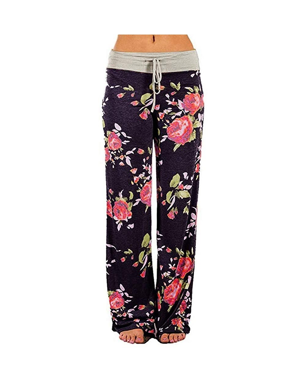 Women's Comfy Casual Pajama Pants Floral Print Drawstring Palazzo Lounge Pants Wide Leg Pant - Brown - CT1940DX7WT $25.18 Bot...