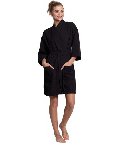 Women's Turkish Cotton Knee Length Lightweight Bridesmaids Waffle Kimono Robe - Black - CT12NZAJWKT $30.57 Robes