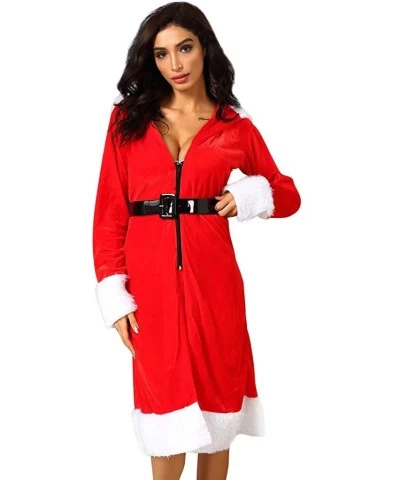 New Women Sexy Christmas Hooded Robe Velvet Lingerie Bathrobe with Belt Pajamas - Red - C5194IZYITI $35.98 Robes