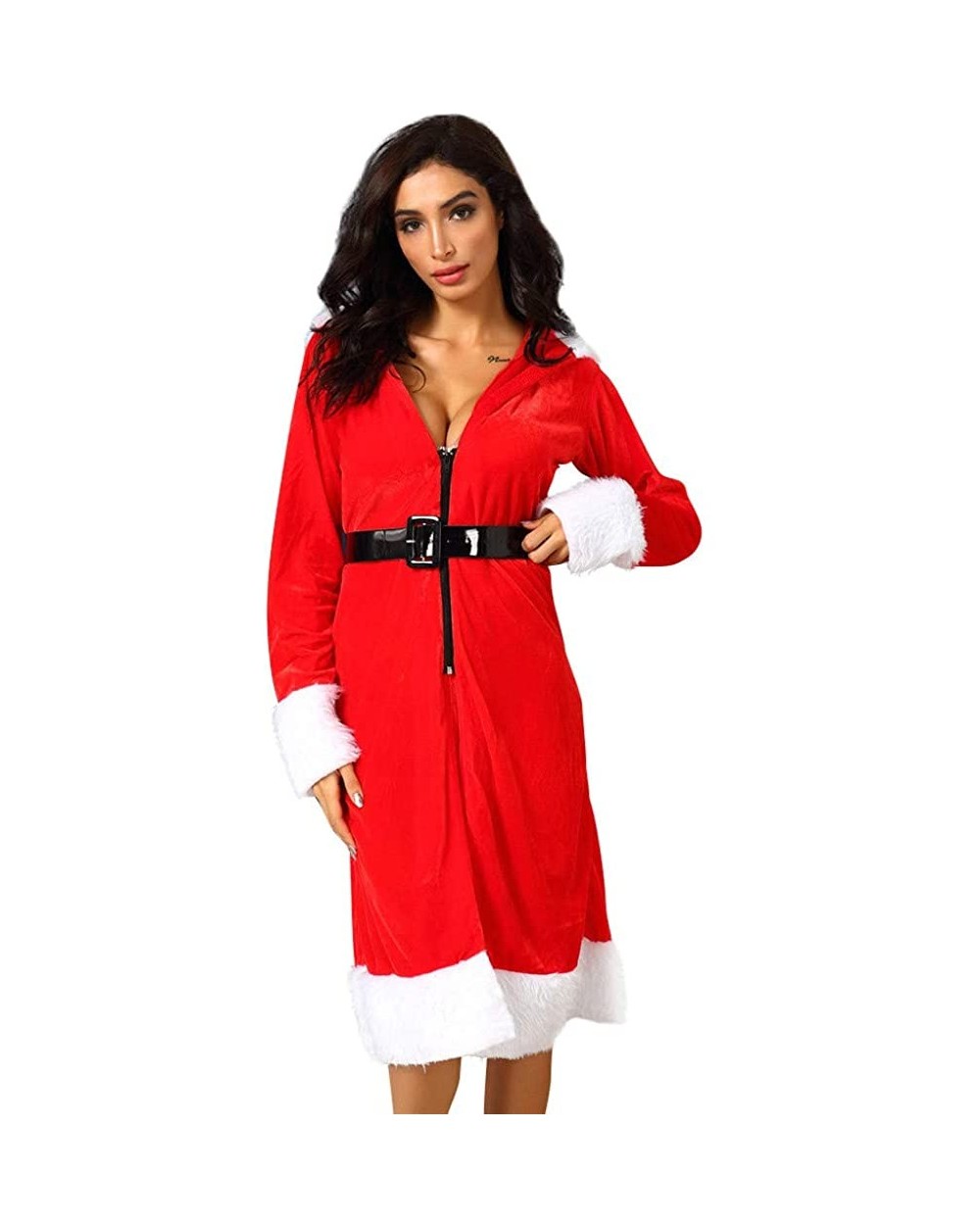 New Women Sexy Christmas Hooded Robe Velvet Lingerie Bathrobe with Belt Pajamas - Red - C5194IZYITI $35.98 Robes