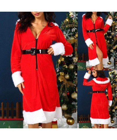 New Women Sexy Christmas Hooded Robe Velvet Lingerie Bathrobe with Belt Pajamas - Red - C5194IZYITI $35.98 Robes