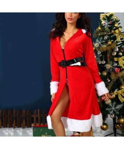 New Women Sexy Christmas Hooded Robe Velvet Lingerie Bathrobe with Belt Pajamas - Red - C5194IZYITI $35.98 Robes