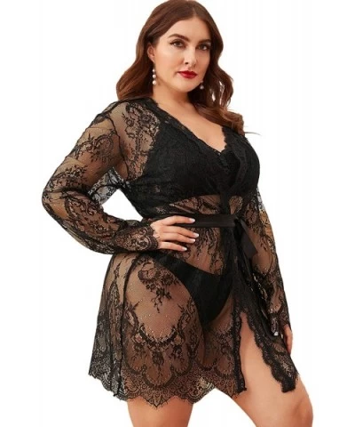 Women's Plus Size Sexy Lace Sheer Sleepwear Robe with Belted - Black - C6195WKG6S9 $19.06 Robes