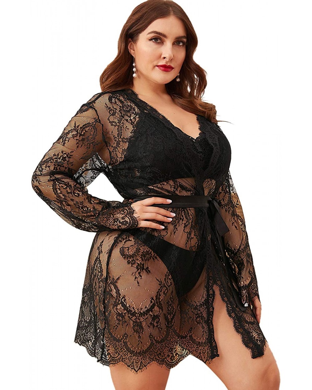 Women's Plus Size Sexy Lace Sheer Sleepwear Robe with Belted - Black - C6195WKG6S9 $19.06 Robes