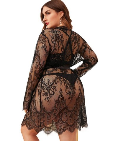 Women's Plus Size Sexy Lace Sheer Sleepwear Robe with Belted - Black - C6195WKG6S9 $19.06 Robes