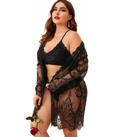 Women's Plus Size Sexy Lace Sheer Sleepwear Robe with Belted - Black - C6195WKG6S9 $19.06 Robes