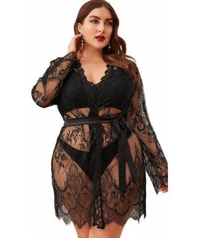 Women's Plus Size Sexy Lace Sheer Sleepwear Robe with Belted - Black - C6195WKG6S9 $19.06 Robes