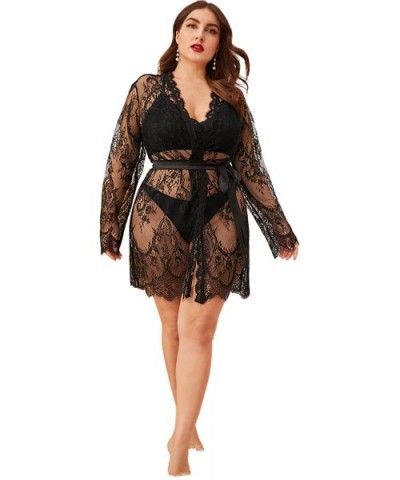 Women's Plus Size Sexy Lace Sheer Sleepwear Robe with Belted - Black - C6195WKG6S9 $19.06 Robes