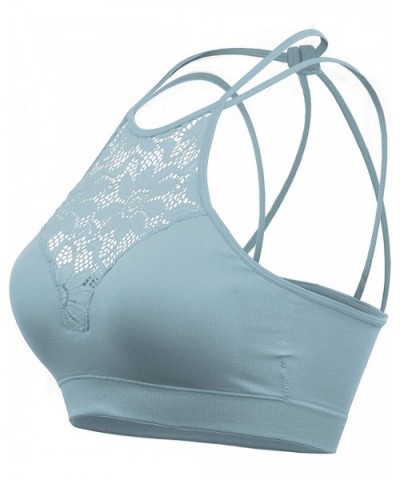 Womens Every Day High Neck Lace Halter Cutout Bralette with Bra Pads Back Strap - Nh9166-blue Grey - CX190752NKX $24.95 Bras