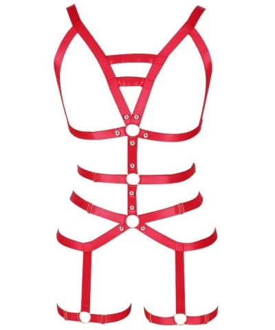 Women Punk Big Red Full Body Harness Bra Set Elastic Gothic Dance - CY18RDYDMZ3 $35.87 Garters & Garter Belts