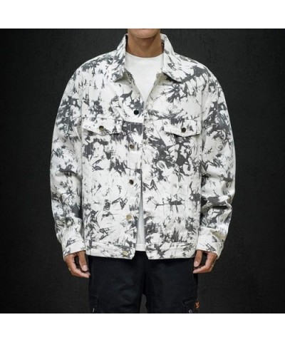 Men Tie Dyed Denim Jacket Hooded Long-Sleeved Shirt Coat Casual Autumn&Winter Sweatshirt Outwear - White - CK18A66HC8C $67.35...