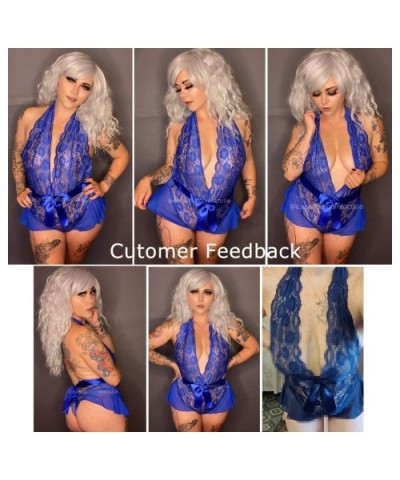 Women Lingerie Lace Halter Teddy Bodysuit Deep Plunge Babydoll Nightwear - Blue - C61992TE2HH $27.83 Baby Dolls & Chemises