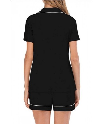Womens Pajamas Soft Striped Short Sleeve Button Sleepwear Shorts Shirt PJ Sets - Black - CJ19DD8SSDZ $76.59 Sets