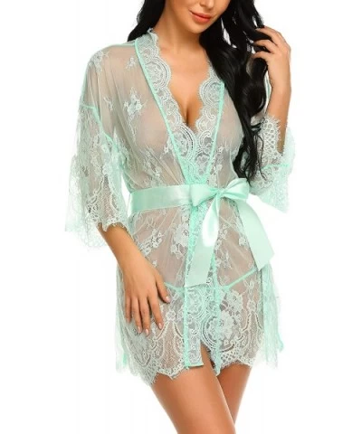 Women's Lace Kimono Robe Babydoll Lingerie Mesh Nightgown S-4XL - Green - CJ18HOEY2DW $28.53 Baby Dolls & Chemises