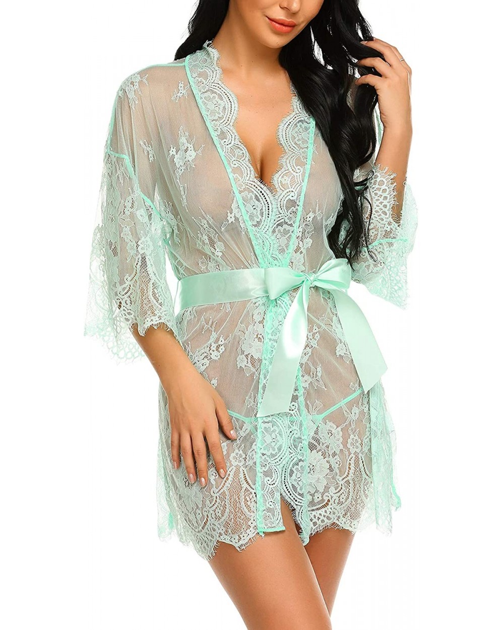 Women's Lace Kimono Robe Babydoll Lingerie Mesh Nightgown S-4XL - Green - CJ18HOEY2DW $28.53 Baby Dolls & Chemises