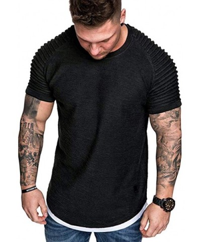 Plain Tees for Men- Workout Muscle Pleated Sleeve Longline T-Shirts Summer Sport Stylish Short Sleeve O-Neck Tops - Black - C...