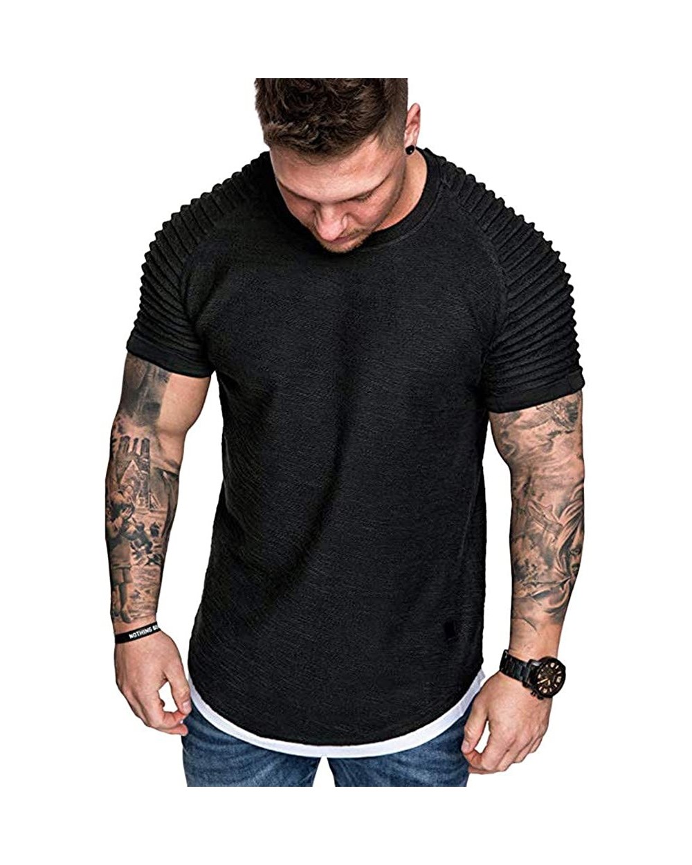 Plain Tees for Men- Workout Muscle Pleated Sleeve Longline T-Shirts Summer Sport Stylish Short Sleeve O-Neck Tops - Black - C...