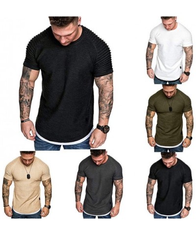 Plain Tees for Men- Workout Muscle Pleated Sleeve Longline T-Shirts Summer Sport Stylish Short Sleeve O-Neck Tops - Black - C...