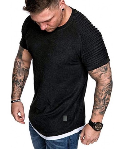 Plain Tees for Men- Workout Muscle Pleated Sleeve Longline T-Shirts Summer Sport Stylish Short Sleeve O-Neck Tops - Black - C...