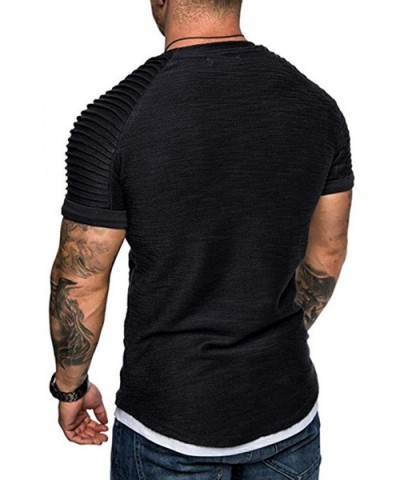 Plain Tees for Men- Workout Muscle Pleated Sleeve Longline T-Shirts Summer Sport Stylish Short Sleeve O-Neck Tops - Black - C...