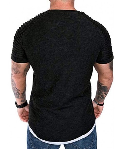 Plain Tees for Men- Workout Muscle Pleated Sleeve Longline T-Shirts Summer Sport Stylish Short Sleeve O-Neck Tops - Black - C...