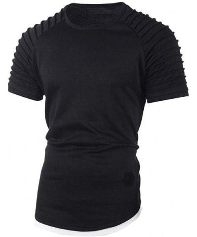 Plain Tees for Men- Workout Muscle Pleated Sleeve Longline T-Shirts Summer Sport Stylish Short Sleeve O-Neck Tops - Black - C...