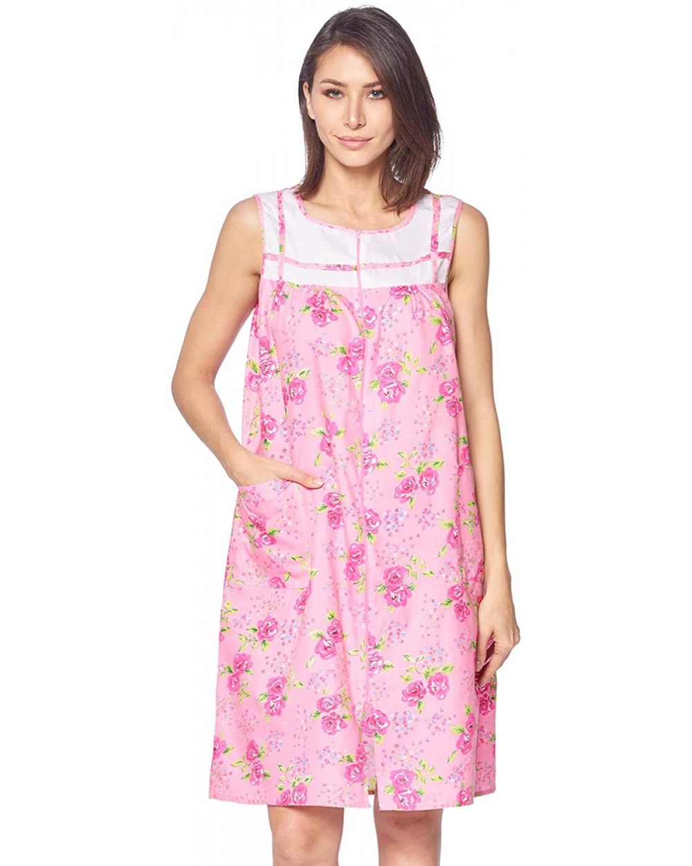 Women's Zip Up House Dress Sleeveless Duster Robe Housecoat Sleep Lounger - Pink Floral - CU18RQ68W2T $29.78 Robes