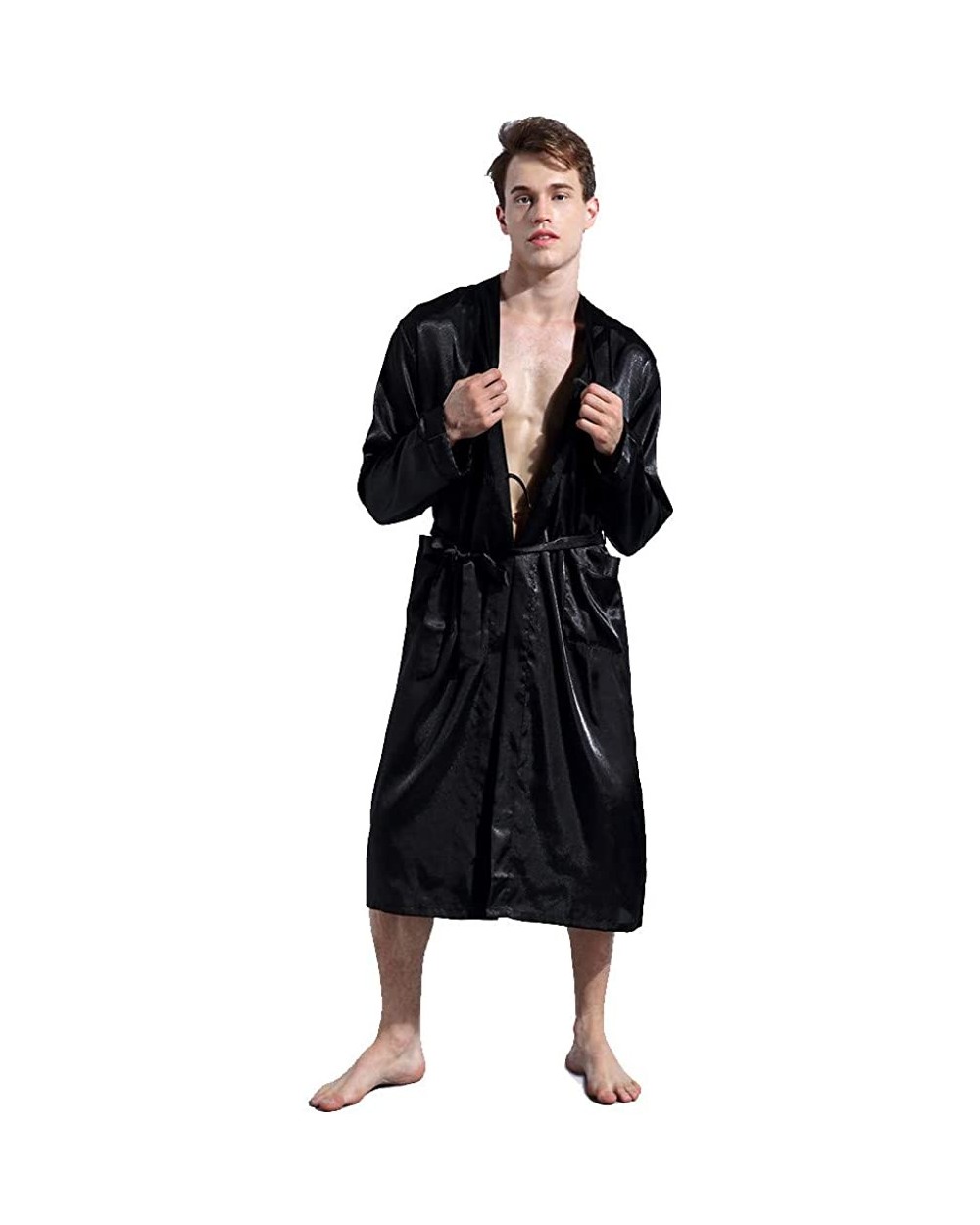 Thin Robe for Men-Tigivemen Terry Cloth Kimono Bathrobe-Silk Lightweight Soft Long Sleeves House Coat Pajama Set - Black - CC...