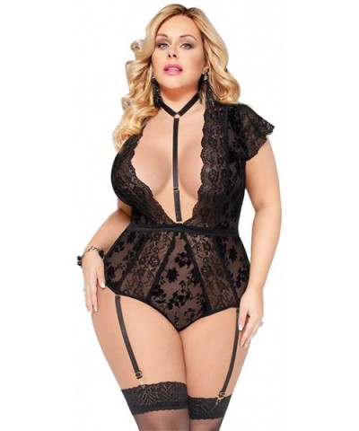 Women Lace Garter Lingerie Set Deep V Neck Lace Teddy Bodysuit Babydoll - Black - CT18YQMMEHI $21.10 Baby Dolls & Chemises