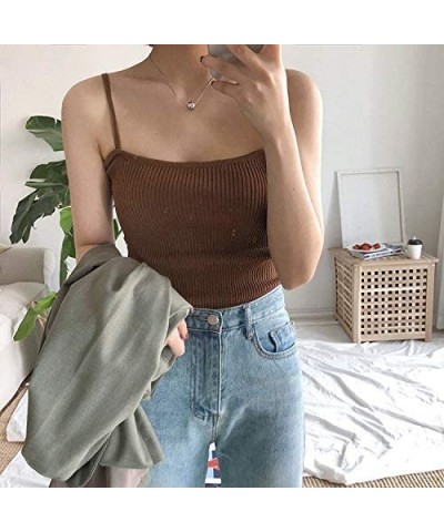 Knitting Camisole White Crop top Sexy Girl Adjustable Fashion cami Short Model - Coffee - C419COSU0E0 $22.53 Camisoles & Tanks