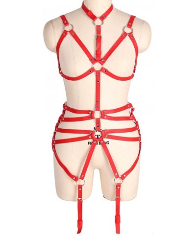 Full body harness bra Leather lingerie cage set Leg garter belt Chest strap Punk Dance Photography Rock - Red - CW19CAIQE3X $...