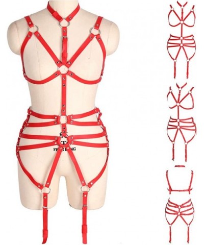 Full body harness bra Leather lingerie cage set Leg garter belt Chest strap Punk Dance Photography Rock - Red - CW19CAIQE3X $...