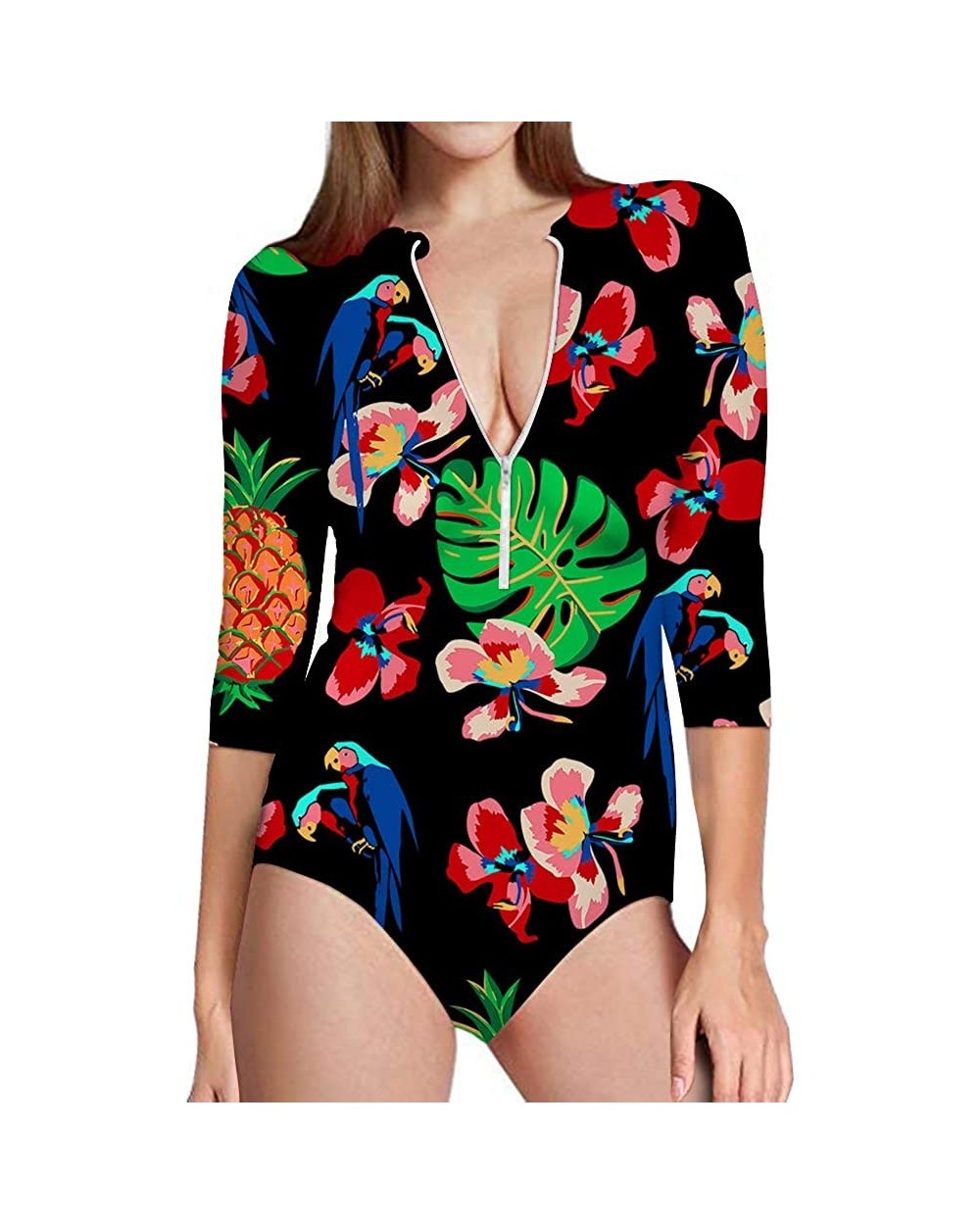 Summer One Piece Swimsuit 3/4 Sleeve Sun Protection Rash Guard for Women - Floral-3 - C318R6EKEC6 $52.42 Shapewear