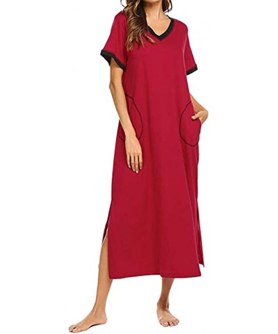 Womens Nightgowns V Neck Nightshirt Short Sleeve Loungewear Loose Fit Sleepwear Pocket - Red - CC199XSEI3T $35.51 Nightgowns ...