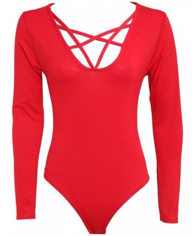 Women's Ladies Cross Cage Neck Long Sleeve Star Body Suit Stylish Wear Top - Red - CG18EHH208O $21.92 Shapewear