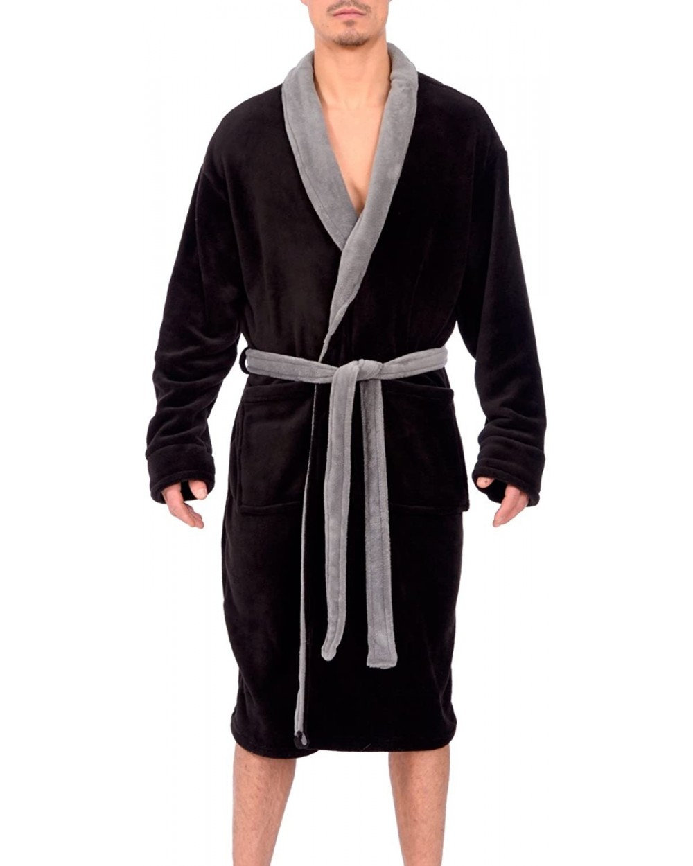 Men's Soft Lightweight Plush Micro Fleece Bathrobe with Front Pockets - Black/Grey Trim - CP11V1GLE6D $54.87 Robes