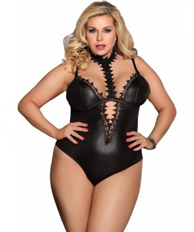 Faux Leather Bodysuit Plus Size Teddy Lingerie for Women with Choker Neck - Black - CW18LQGODIO $28.47 Baby Dolls & Chemises