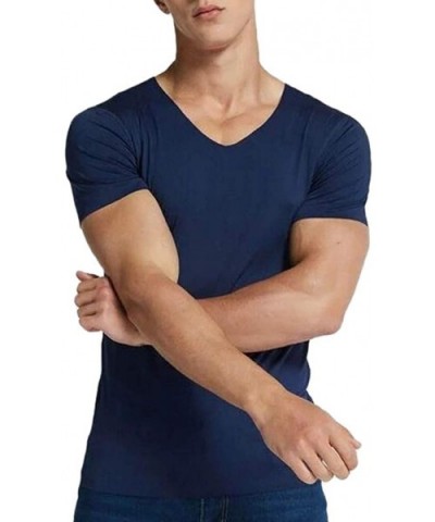 Men's Breathable T-Shirt Short Sleeve Ice Silk Quick Dry Round Neck Undershirts Top - Navy - CU193TNKKXH $20.30 Undershirts