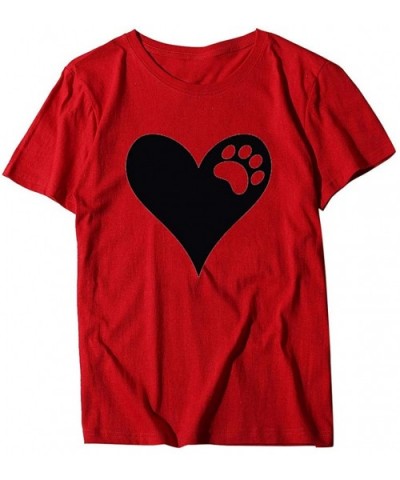 Women Short Sleeves O-Neck Heart-Shaped Print Casual Tops Blouse T-Shirt - Red - C019CT554ST $27.26 Thermal Underwear