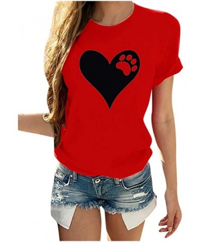 Women Short Sleeves O-Neck Heart-Shaped Print Casual Tops Blouse T-Shirt - Red - C019CT554ST $27.26 Thermal Underwear