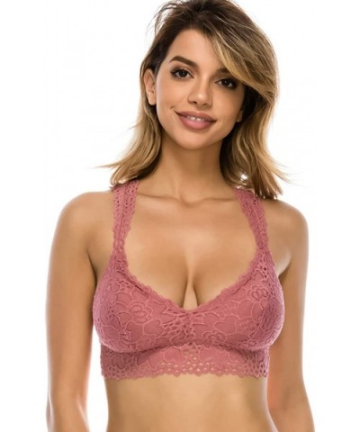 Floral Lace Racerback Unpadded Bralette Top Sheer Bustier Crop Wireless Lingerie Bra - Dusty Rose - CM185LUWK3Q $17.13 Bras