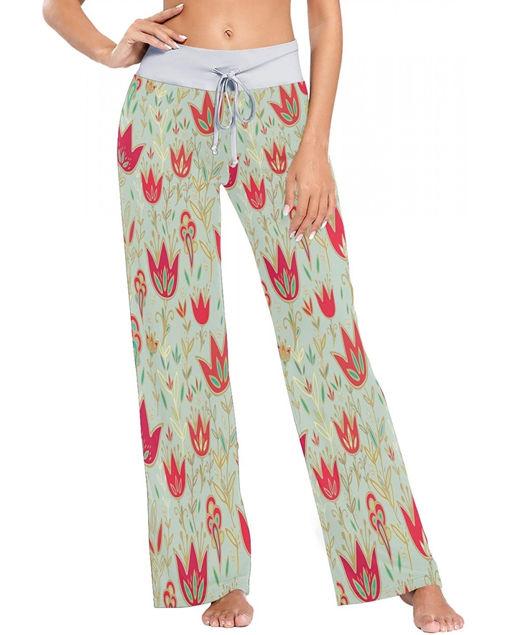 Womens Pajama Lounge Pants Red Tulips Field Floral Flowers Wide Leg Casual Palazzo Pj Sleep Pants Laides 3d Print 1 - C719DEX...