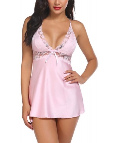 Womens Lace Babydoll Lingerie Satin Chemise Nightgown V Neck Sleepwear Nightie - Pink - C319DAQ72KQ $26.40 Nightgowns & Sleep...