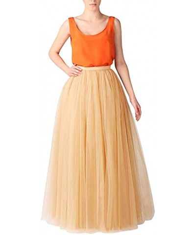 Women's Long Tutu Tulle 5 Layers Skirt Elastic Waist A Line Floor Length Prom Party Skirts Petticoat - Champagne - C818L0AOMK...