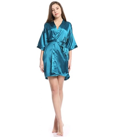 Womens Pure Colour Short Satin Kimono Robes with Oblique V Neck for Bride & Bridesmaid Wedding Party Blue bride - CG197NIQ5SA...